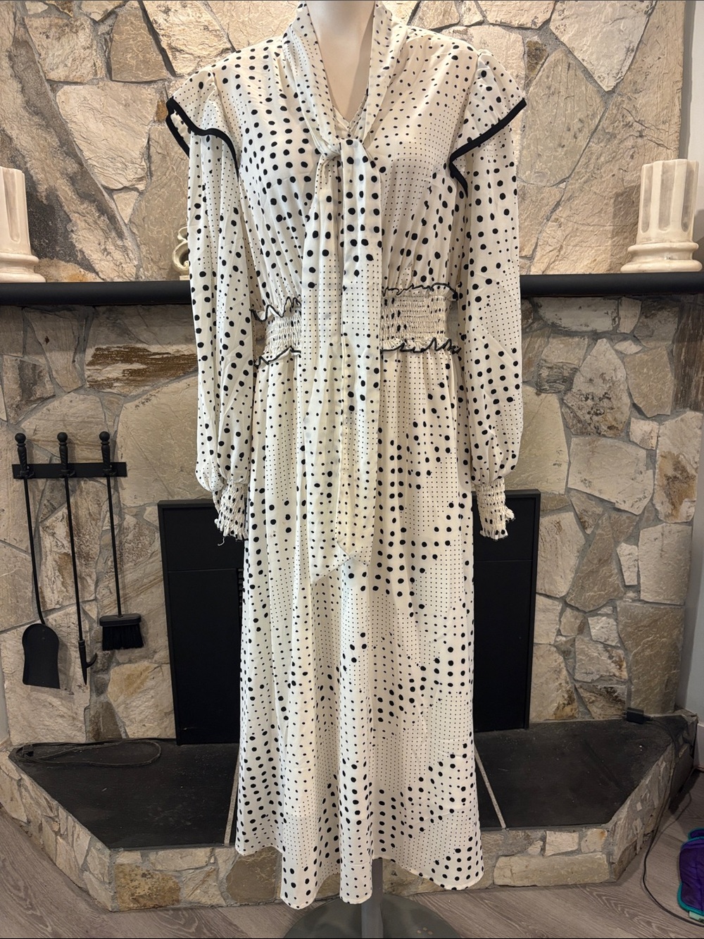 SHEIN White Maxi Dress with Polka Dot Tie-Neck Long Sleeve Dress